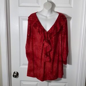CATO Red Tie Dye Ruffle Top with Sequins Plus Size 18/20W V Neck 3/4 sleeve